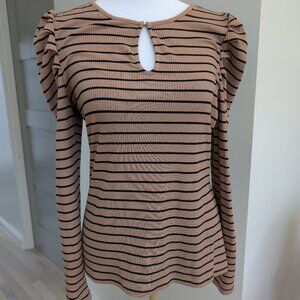 Ann Taylor Stripe Puff Shoulder Ribbed Keyhole Top Small  Petite